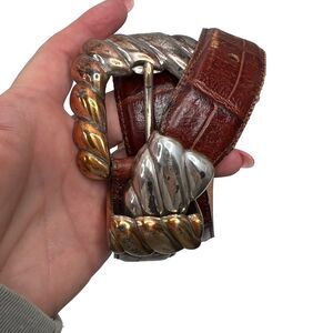 Enmon Belt Size S Italian Calfskin Leather Croc Embossed Brown W/ Buckle Woman’s